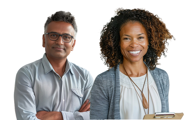 Um casal de professores olhando para o usuário.